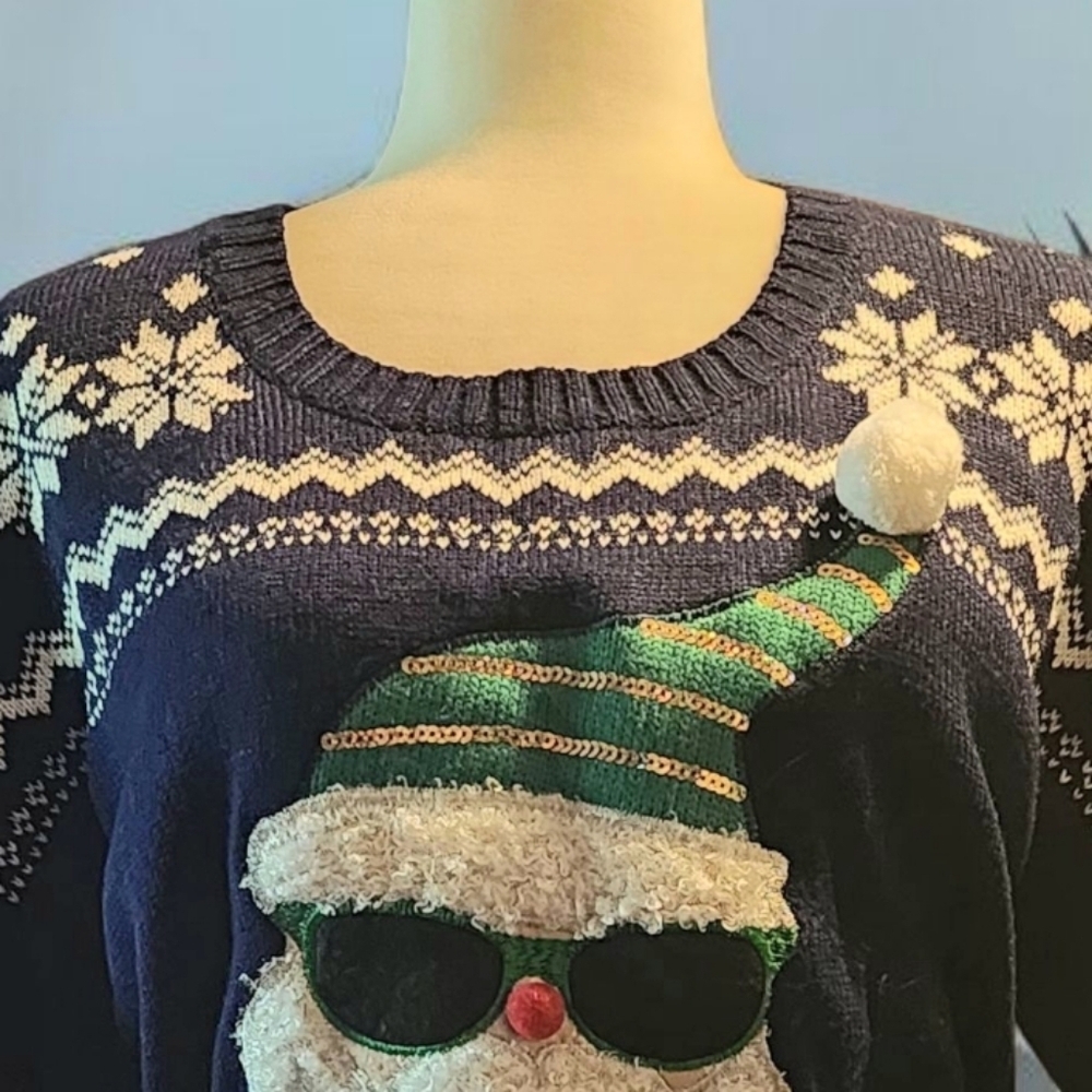 💖Festive Ugly Christmas Santa Sweater with Sunglasses Size L - Picture 2 of 5